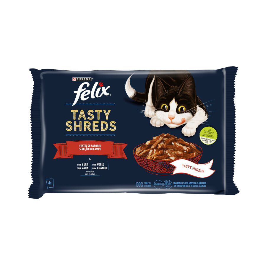 Felix Tasty Shreds Festín de Sabores Filetes en Salsa sobre para gatos