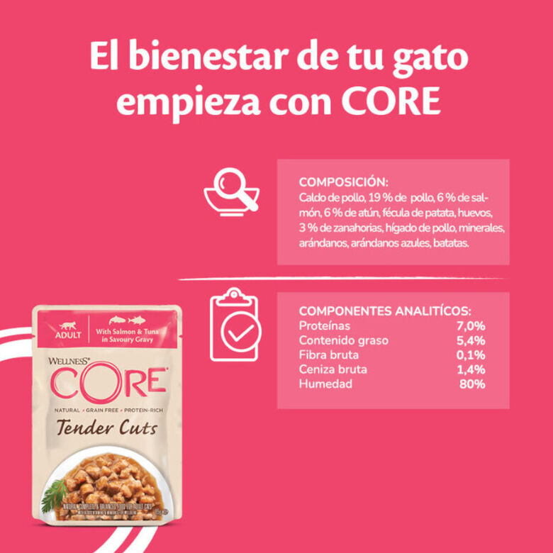 Wellness Core Tender Cuts salmón y atún sobre en salsa para gatos thumbnail