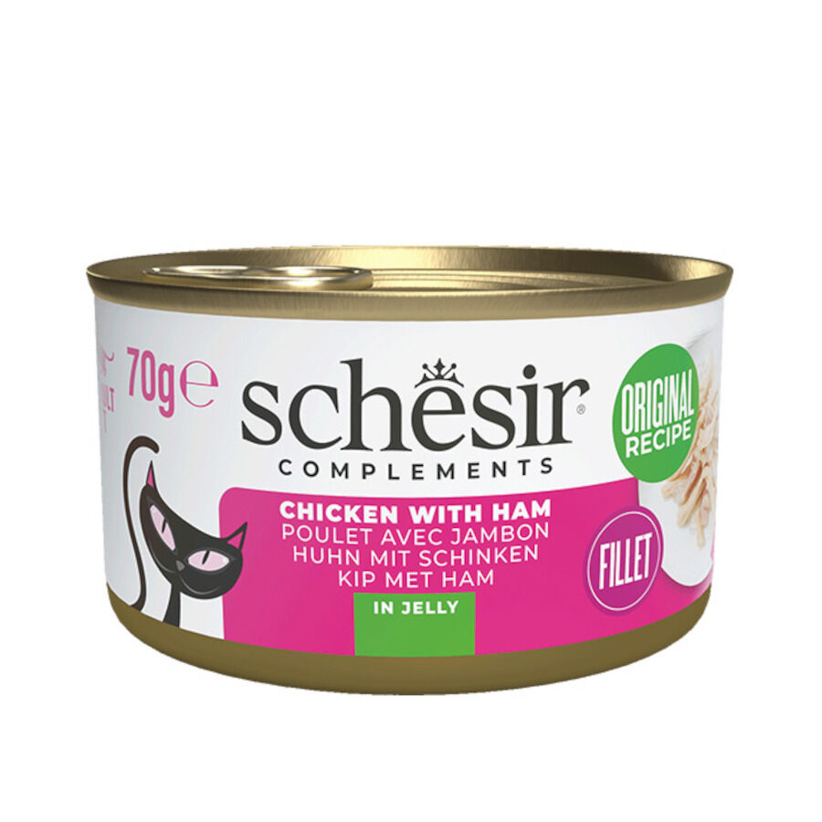 70 g Schesir Filetes de Pollo con Jam&oacute;n en Gelatina lata para gatos, , large Imagen numero 1
