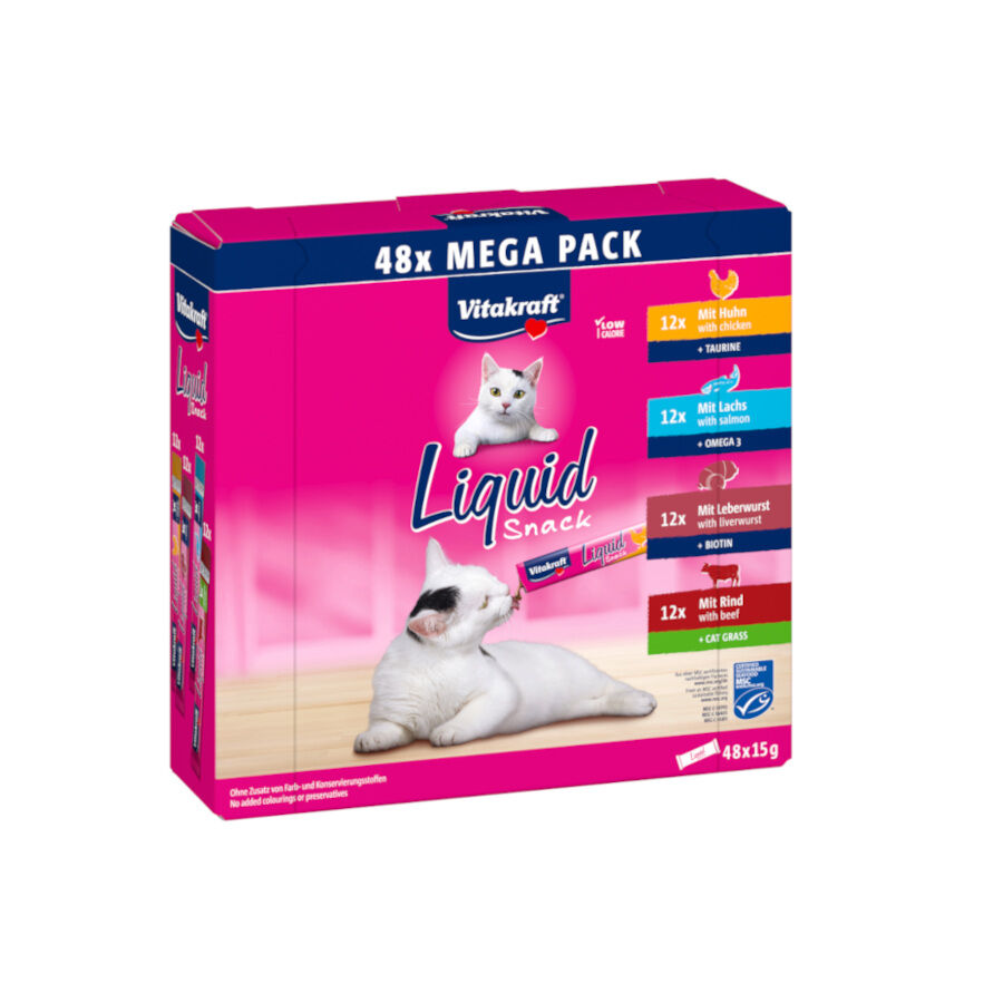 Vitakraft Liquid Snack Pollo y Ternera, Paté, y Salmón para gatos