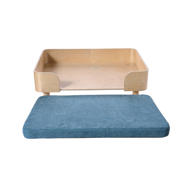 Leeby sofá de madera con colchón azul para perros thumbnail
