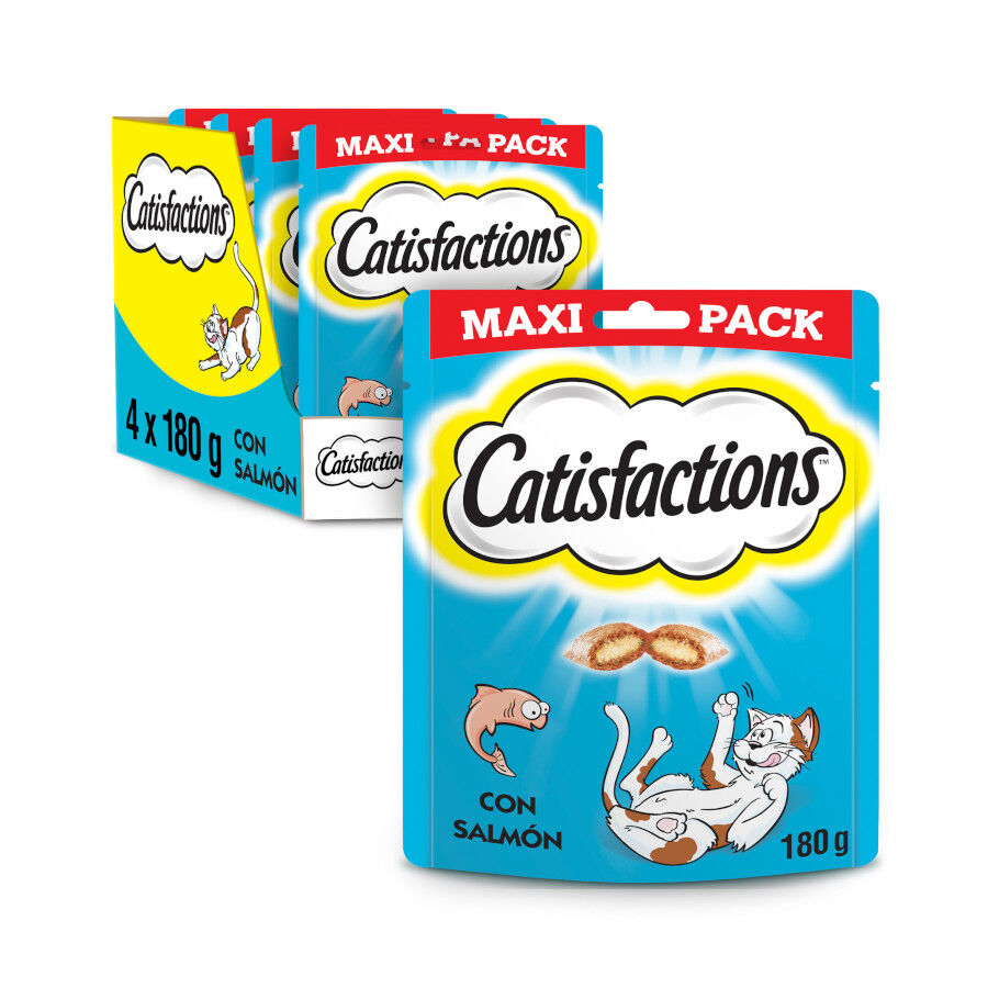 4 bolsitas x 180 g Catisfactions Premios de Salm&oacute;n para Gatos &iexcl;Pack ahorro!, , large Imagen numero 1