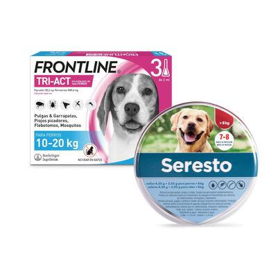 Bayer Seresto Collar Antiparasitario >8 Kg y Frontline Tri-Act Pipetas para perros 10-20Kg - Pack