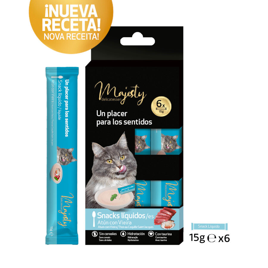 6 sobres x 15 g Majesty At&uacute;n con Vieira snack l&iacute;quido para gatos, , large Imagen numero 2