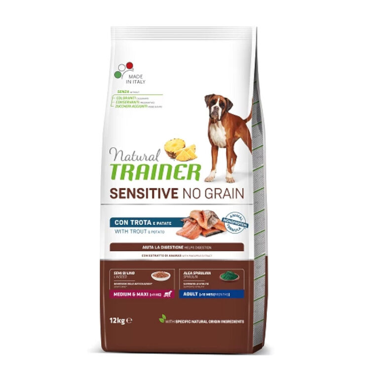 Natural Trainer Medium &amp; Maxi Sensitive No Grain Trucha y Patatas pienso para perros