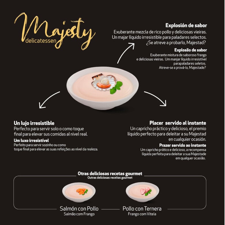 6 sobres x 15 g Majesty Pollo y Vieira snack líquido para gatos,  Imagen numero 4 6 sobres x 15 g Majesty Pollo y Vieira snack líquido para gatos, , large Imagen numero 4