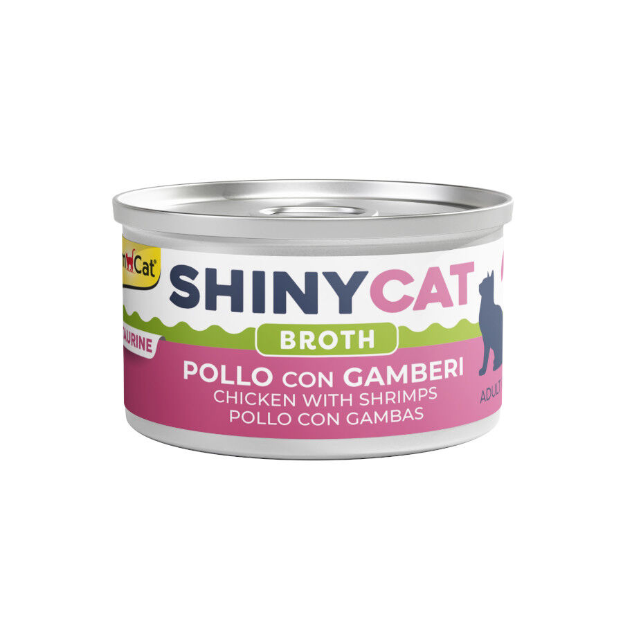 70 g GimCat Shiny pollo y gambas en caldo lata para gatos, , large Imagen numero 1