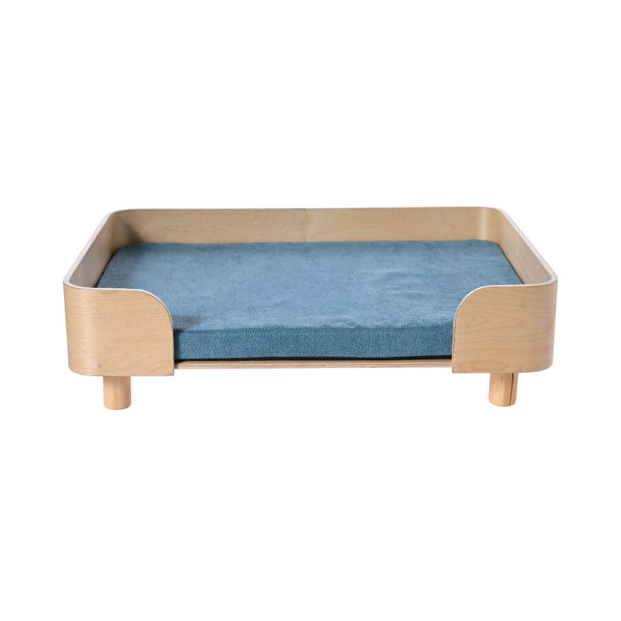 Leeby sofá de madera con colchón azul para perros