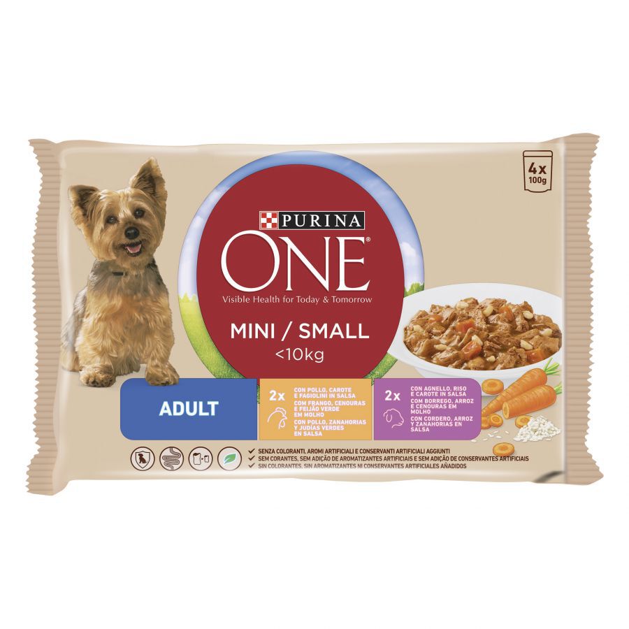 4 sobres x 100 g Purina One Mini Adult pollo y cordero sobres para perros , , large Imagen numero 1