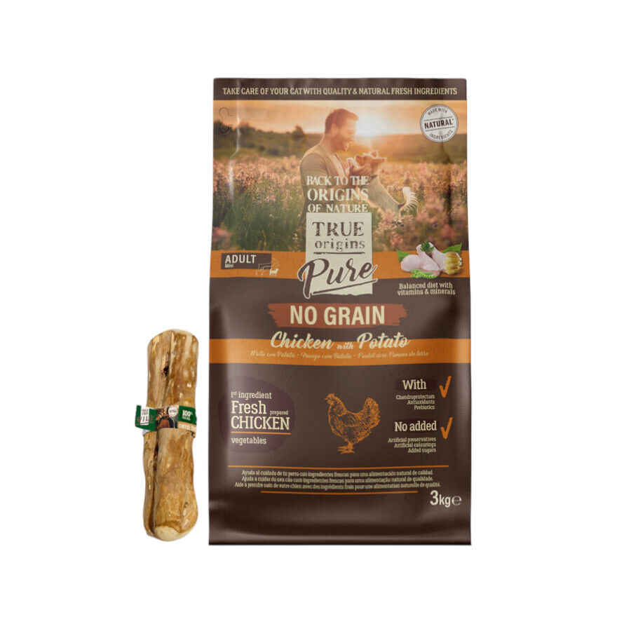 Pack True Origins Pienso Mini Adult Pollo 3 kg + Palo de Café  XS Natural para perros