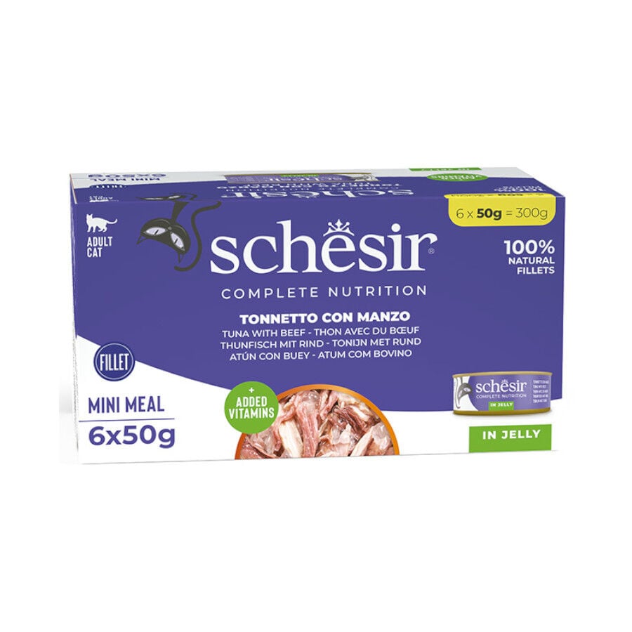 Schesir Nature Atún y Filete de Buey en Gelatina lata para gatos