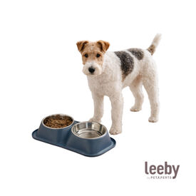 Leeby Comedero Doble de Metal Azul para perros