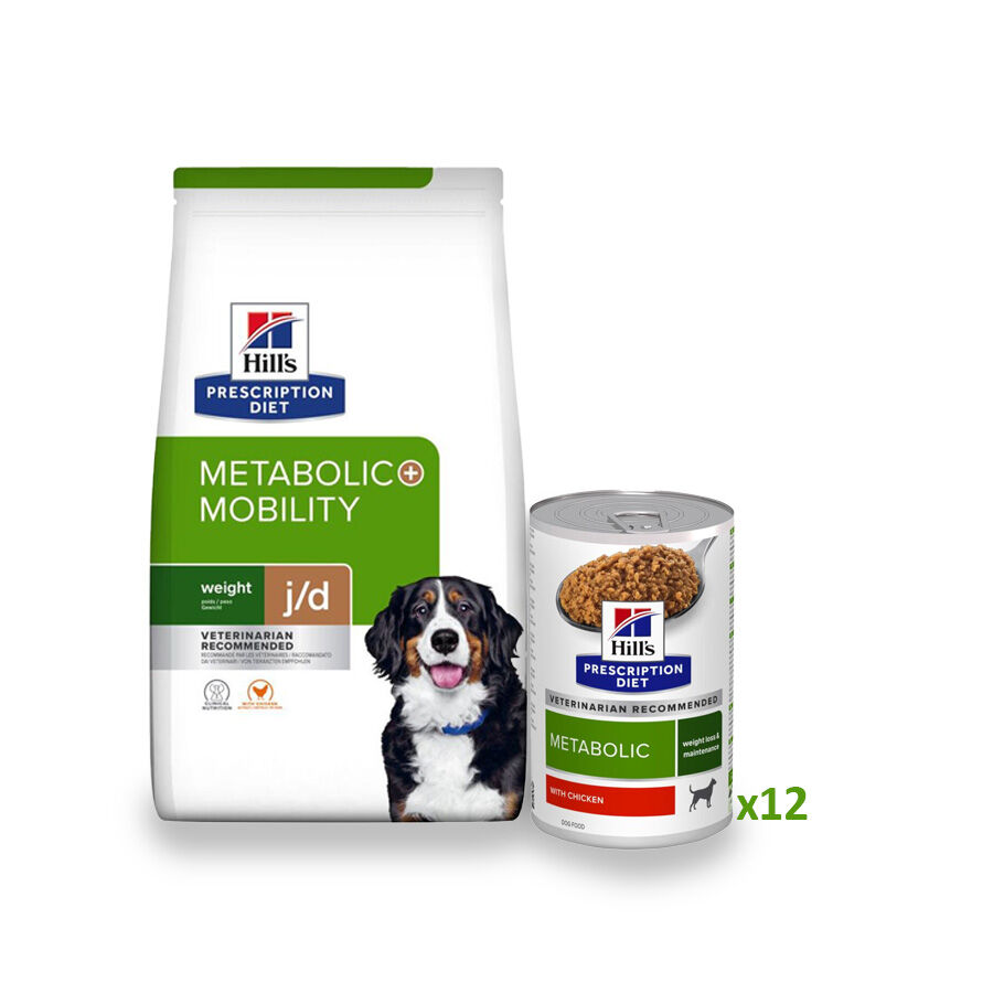 12 kg + 12 latas x 370 g Hill's Prescription Diet Metabolic + Mobility Pienso y Latas para perros &iexcl;Pack ahorro!, , large Imagen numero 1