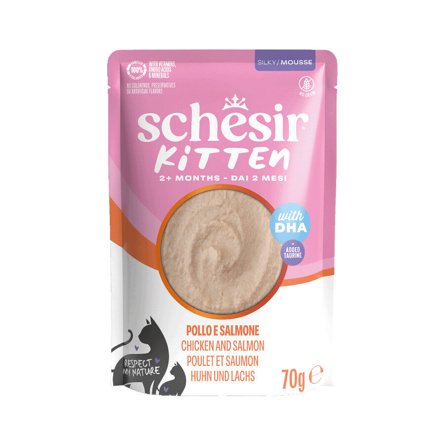 70 g Schesir Sobre Pollo y Salm&oacute;n con DHA para gatitos, , large Imagen numero 1