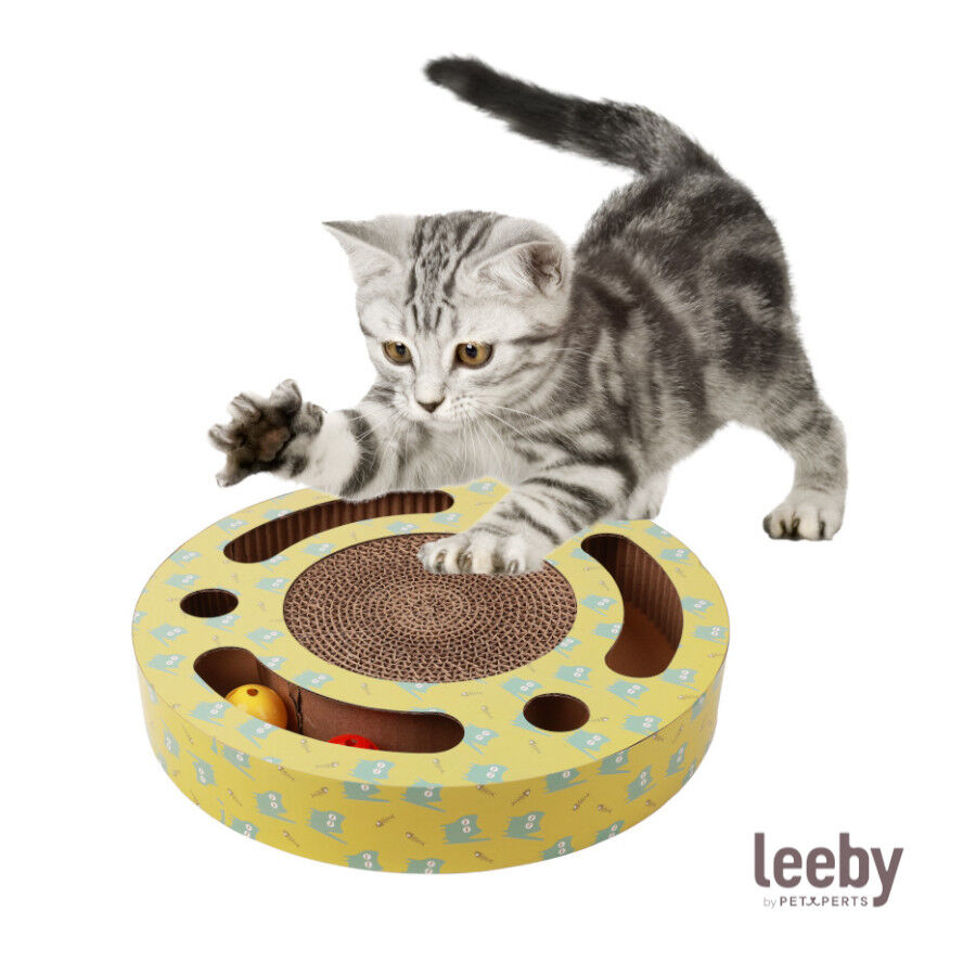Leeby Pelusa rascador de cartón con bola y estampado amarillo para gatos thumbnail