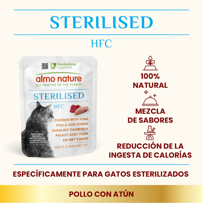 50 g Almo Nature HFC Sterilised de Pollo y Atún en Sobre para gatos,  Imagen numero 2 50 g Almo Nature HFC Sterilised de Pollo y Atún en Sobre para gatos, , large Imagen numero 2