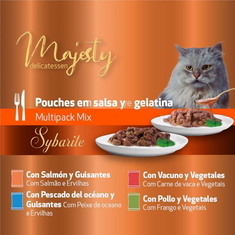 96 sobres x 100 g Majesty Multipack Sobres Gelatina y Salsa Mix Pescado y Carne para gatos, , large Imagen numero 3