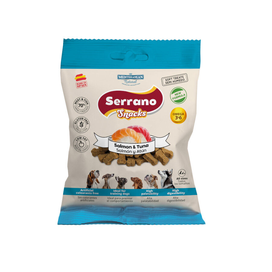 85 g Mediterranean Natural Serrano Galletas Salm&oacute;n y At&uacute;n para perros, , large Imagen numero 1