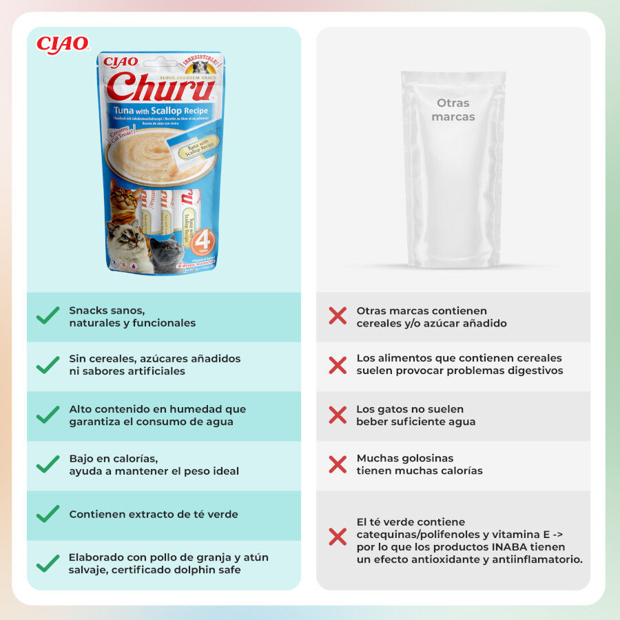 4 sobres x 14 g Churu Snack Cremoso de At&uacute;n con Vieira para gatos, , large Imagen numero 3