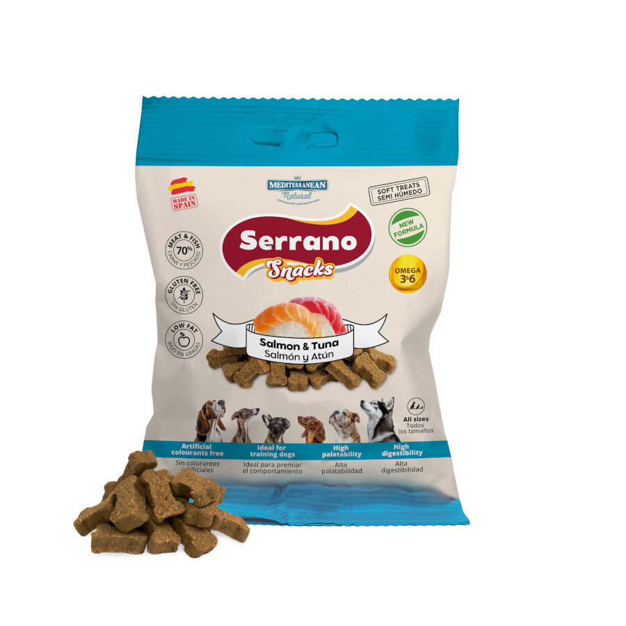 85 g Mediterranean Natural Serrano Galletas Salm&oacute;n y At&uacute;n para perros, , large Imagen numero 2