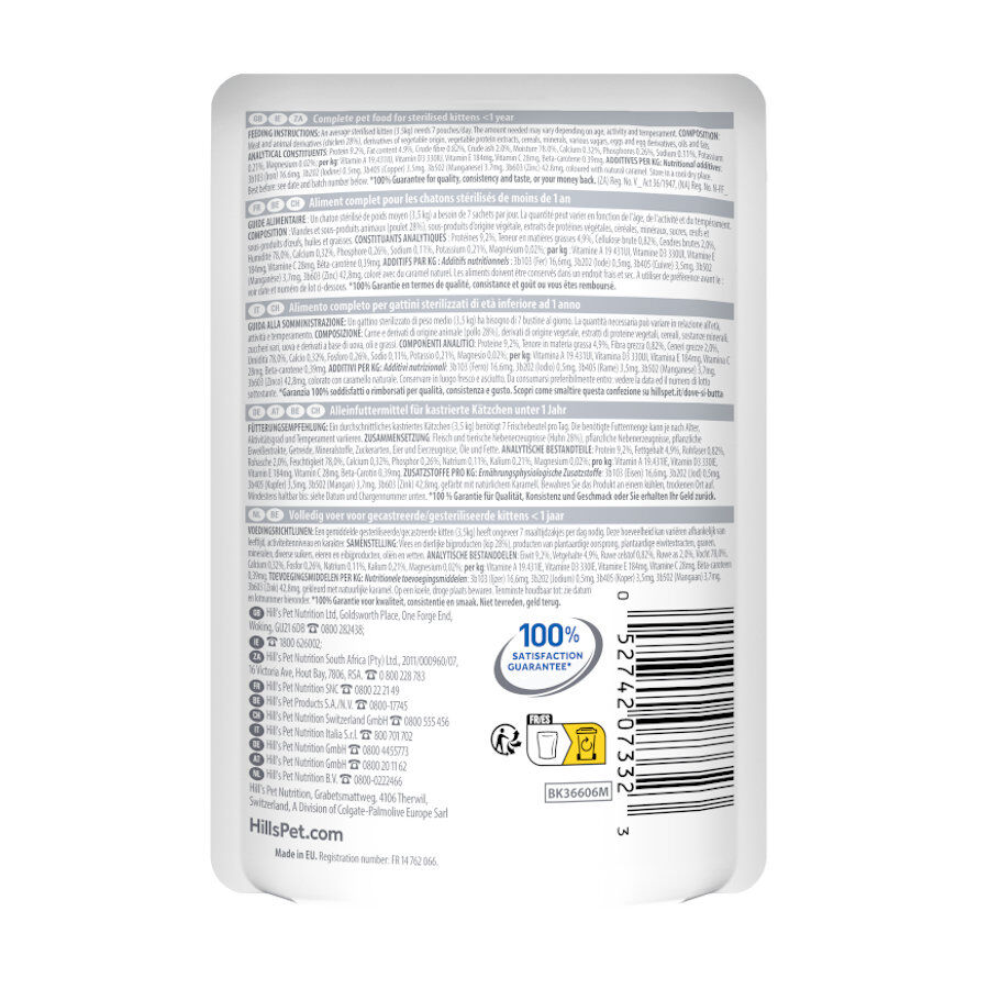 12 sobres x 85 g Hill's Science Plan Feline Sterilised Kitten Pollo en Salsa sobre para gatos, , large Imagen numero 8