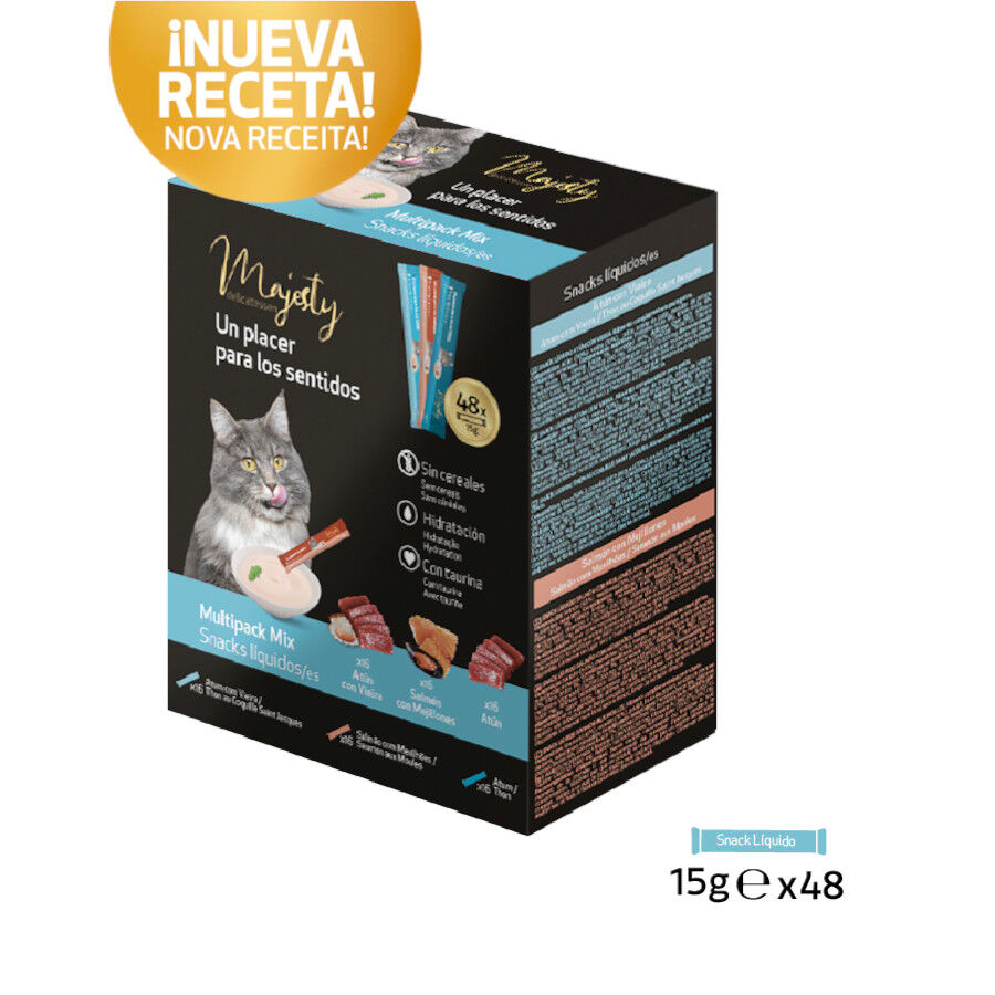 48 sobres x 15 g Majesty Mix Pescado snack l&iacute;quido para gatos, , large Imagen numero 2