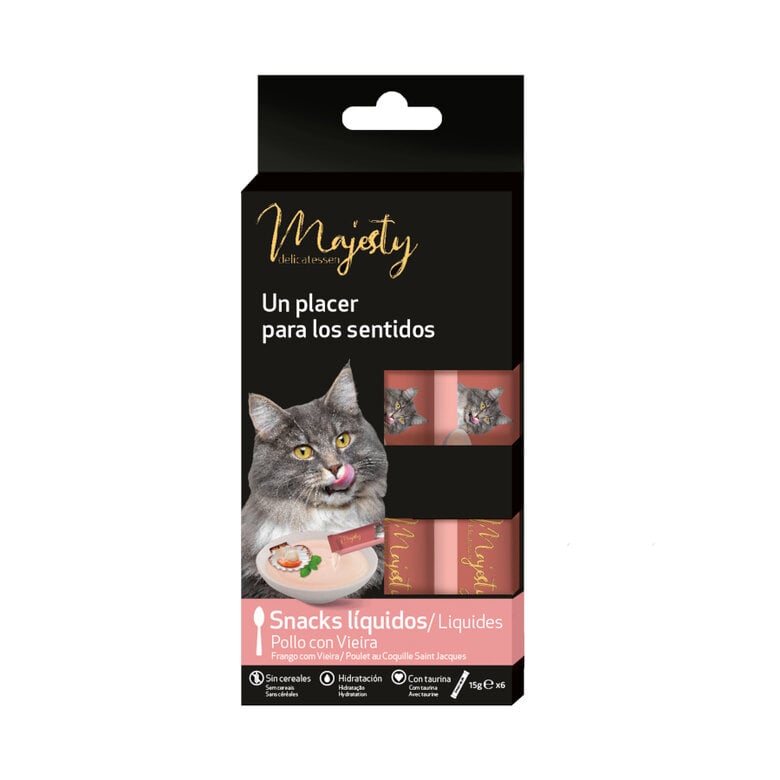 6 sobres x 15 g Majesty Pollo y Vieira snack líquido para gatos,  Imagen numero 2 6 sobres x 15 g Majesty Pollo y Vieira snack líquido para gatos, , large Imagen numero 2
