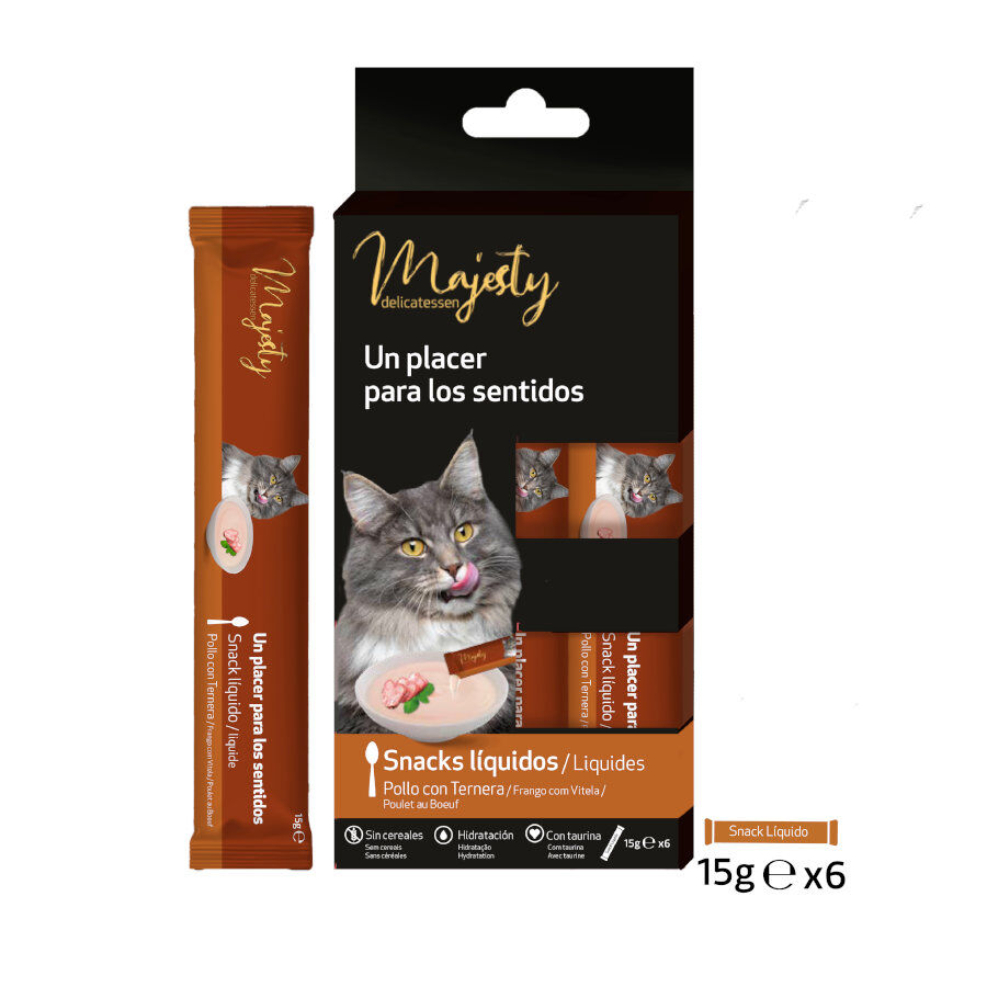6 sobres x 15 g Majesty Pollo con Ternera snack l&iacute;quido para gatos, , large Imagen numero 1