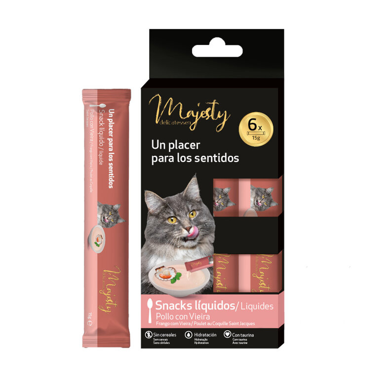 6 sobres x 15 g Majesty Pollo y Vieira snack líquido para gatos,  Imagen numero 1 6 sobres x 15 g Majesty Pollo y Vieira snack líquido para gatos, , large Imagen numero 1