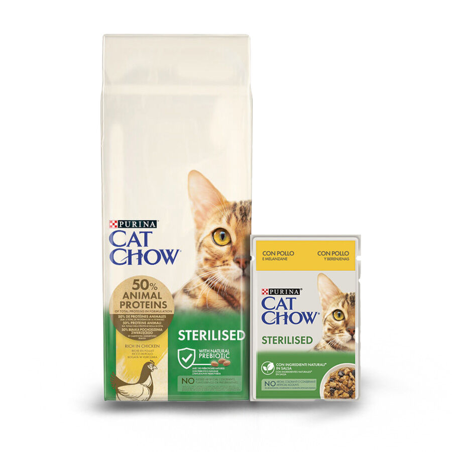 15 kg + 6 sobres x 85 g Pack Comida Gato Esterilizado Pollo Cat Chow, , large Imagen numero 1
