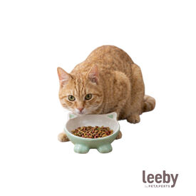 Leeby Comedero de Cer&aacute;mica Blanco y Verde con Orejitas para gatos