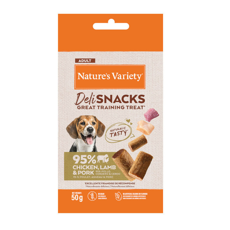 Nature&#039;s Variety Bocaditos Deli Snacks Adult Pollo, Cordero y Cerdo para perros