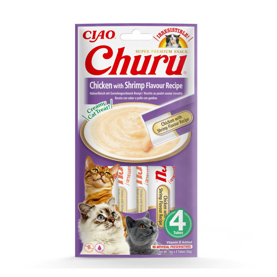 4 sobres x 14 g Churu Snack Cremoso de Pollo con Gambas para gatos, , large Imagen numero 1