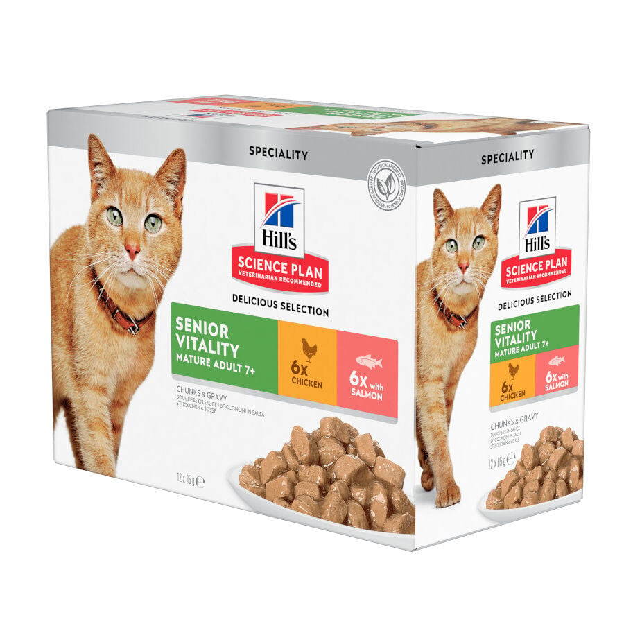 12 sobres x 85 g Hill's Science Plan Senior Vitality Pollo y Salm&oacute;n Sobre en salsa para gatos, , large Imagen numero 1