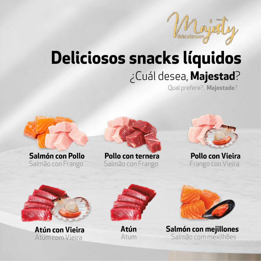 6 sobres x 15 g Majesty Salm&oacute;n con Pollo snack l&iacute;quido para gatos, , large Imagen numero 3