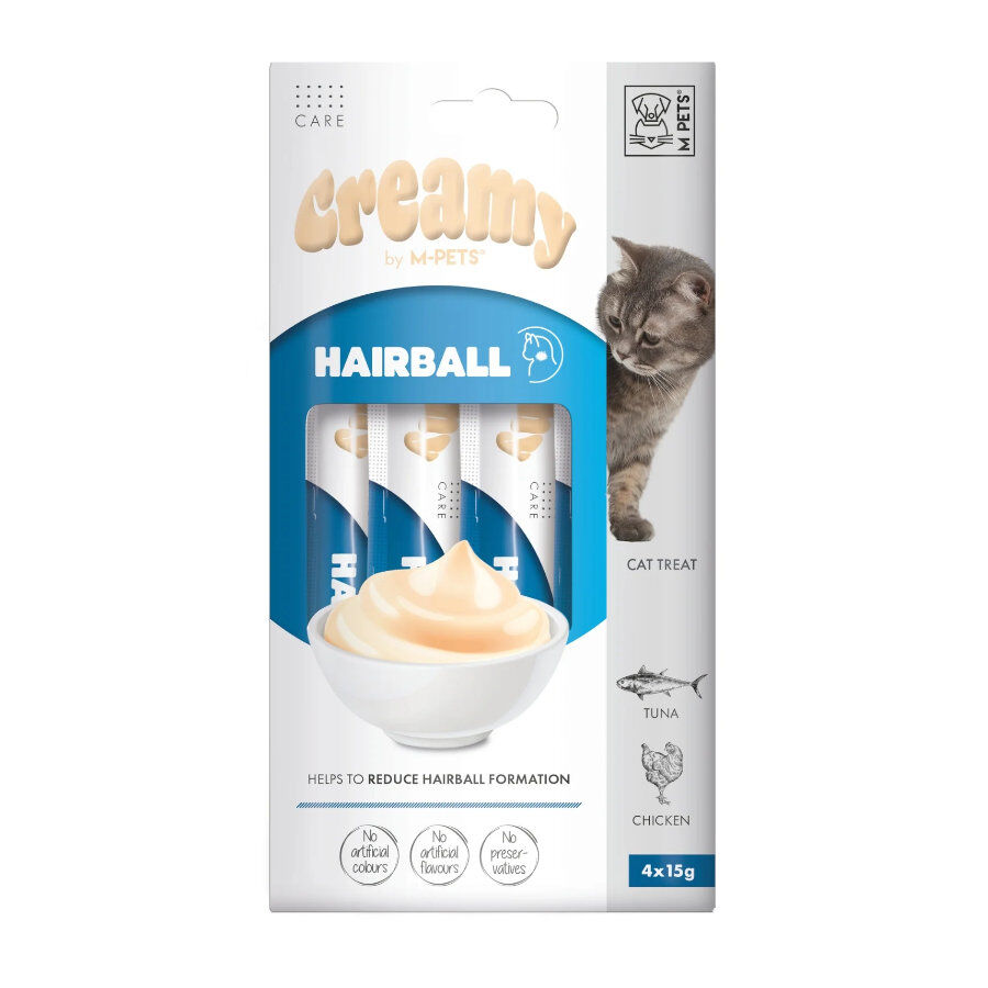 4 sobres x 15 g M-Pets Creamy Bolas de Pelo At&uacute;n y Pollo snack para gatos, , large Imagen numero 3