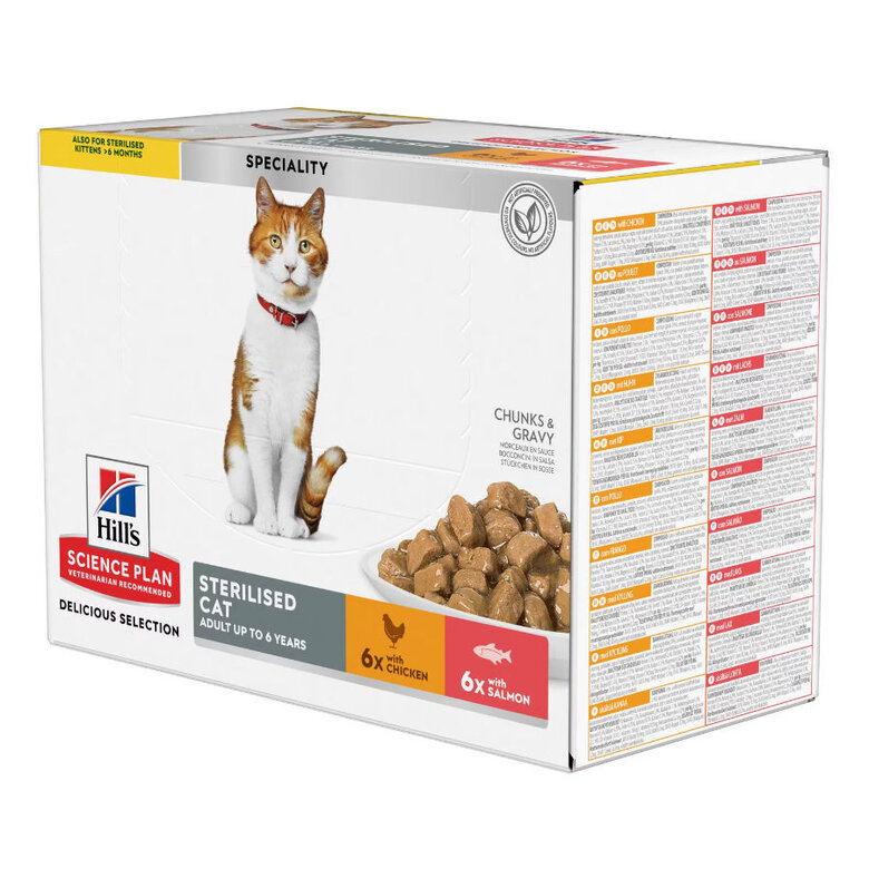12 sobres x 85 g Hill's Science Plan Sterilised Adult Pollo y Salmón en Salsa sobre para gatos,  Imagen numero 1 12 sobres x 85 g Hill's Science Plan Sterilised Adult Pollo y Salmón en Salsa sobre para gatos, , large Imagen numero 1