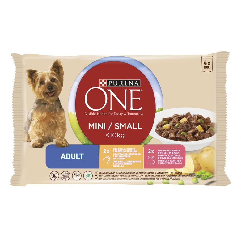 Purina One Mini Adult Pollo y Buey sobres para perros, , large image number null