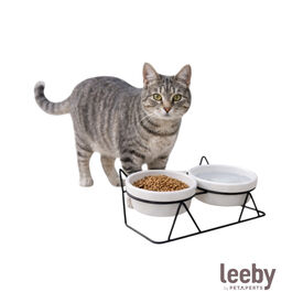 Leeby Comedero Doble de Cer&aacute;mica Blanco para gatos