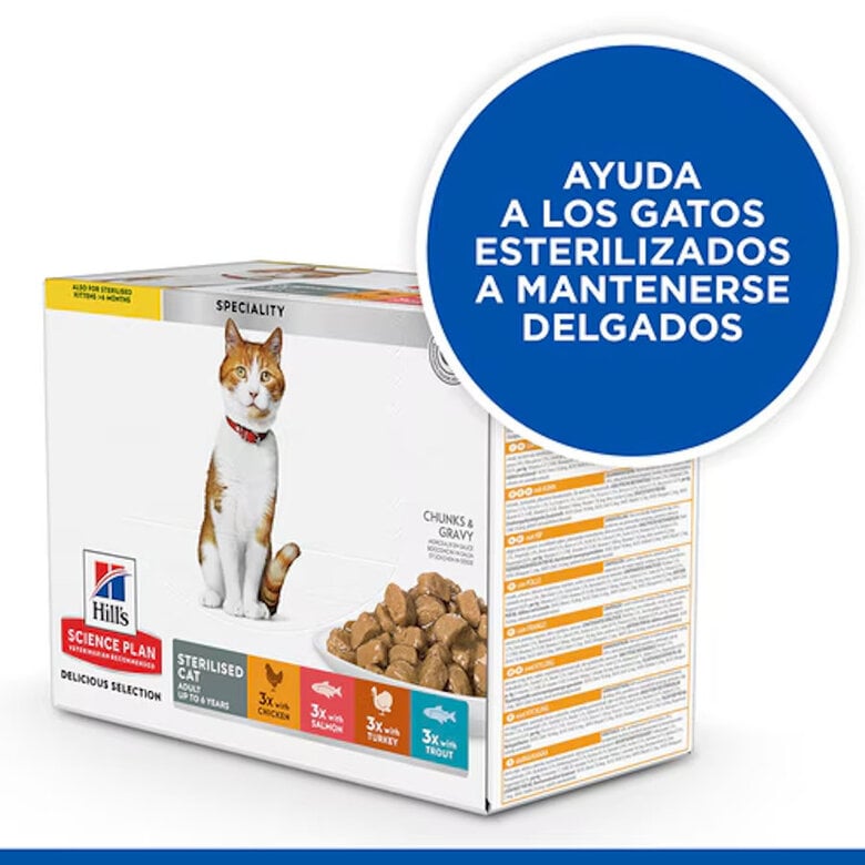 12 sobres x 85 g Hill's Science Plan Sterilised Adult Pollo y Salmón en Salsa sobre para gatos,  Imagen numero 3 12 sobres x 85 g Hill's Science Plan Sterilised Adult Pollo y Salmón en Salsa sobre para gatos, , large Imagen numero 3
