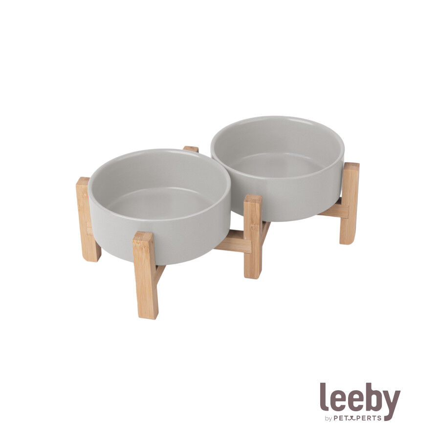 Leeby Comedero Doble de Cer&aacute;mica con Soporte de Madera para perros, , large Imagen numero 2