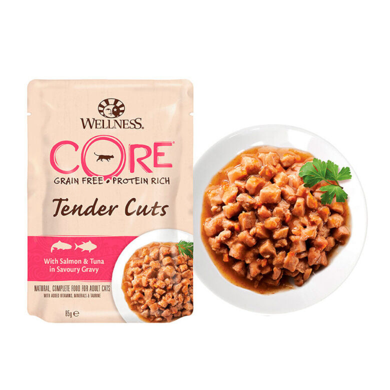 Wellness Core Tender Cuts salmón y atún sobre en salsa para gatos thumbnail