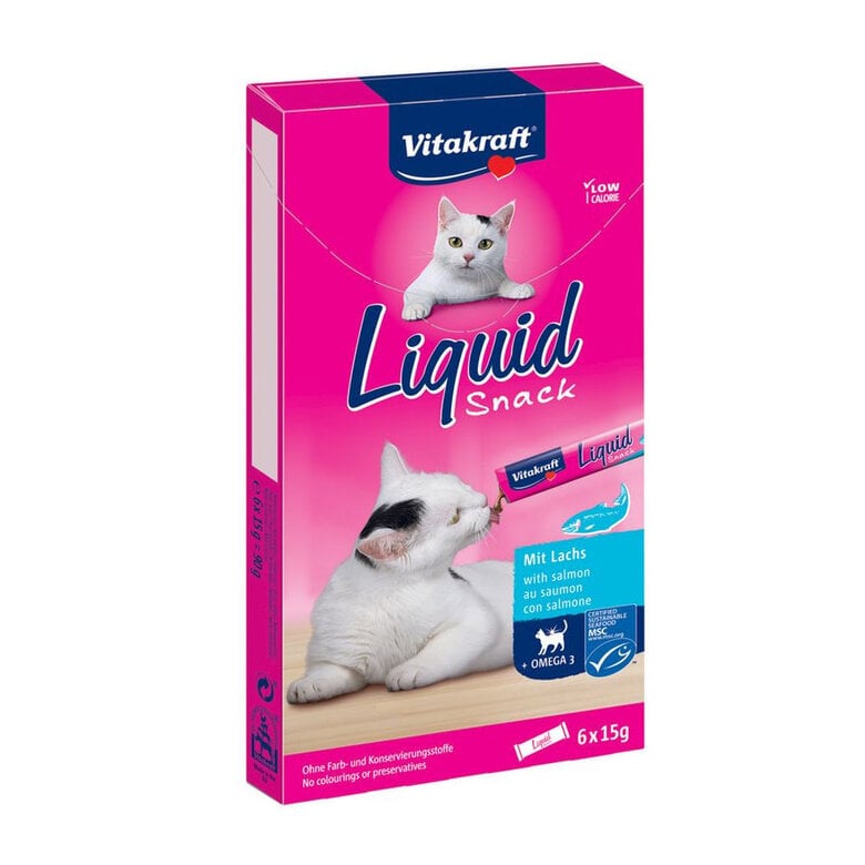 6 sobres x 15 g Vitakraft Liquid Snack de Salmón para gatos,  Imagen numero 1 6 sobres x 15 g Vitakraft Liquid Snack de Salmón para gatos, , large Imagen numero 1