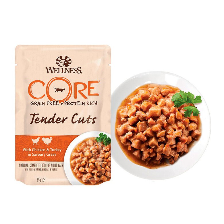 85 g Wellness Core Tender Cuts pollo y pavo sobre en salsa para gatos,  Imagen numero 2 85 g Wellness Core Tender Cuts pollo y pavo sobre en salsa para gatos, , large Imagen numero 2