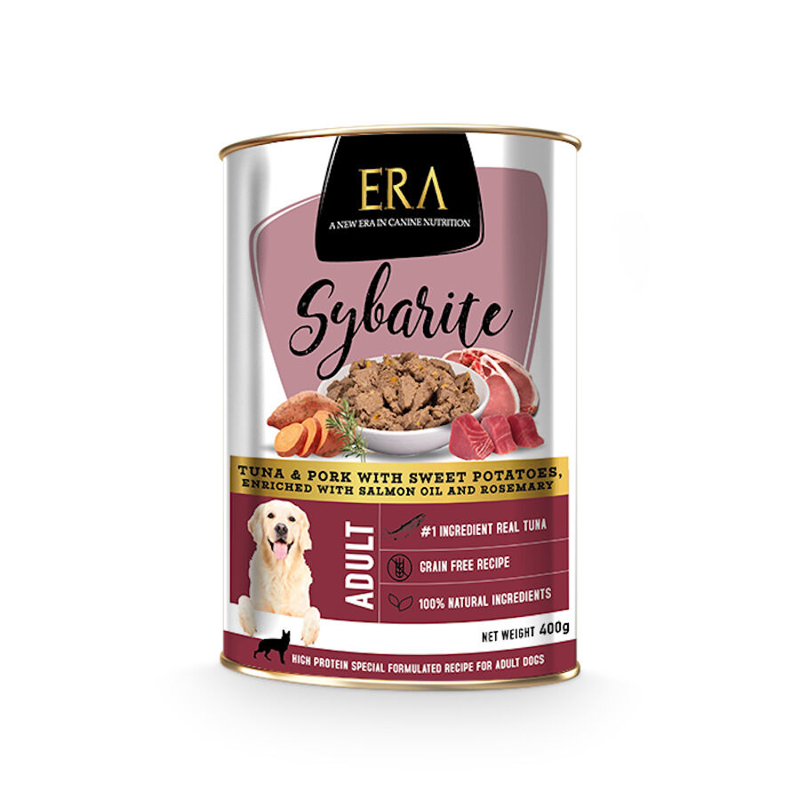 400 g ERA Sybarite Adulto At&uacute;n, Cerdo y Batata en pat&eacute; lata para perros, , large Imagen numero 1