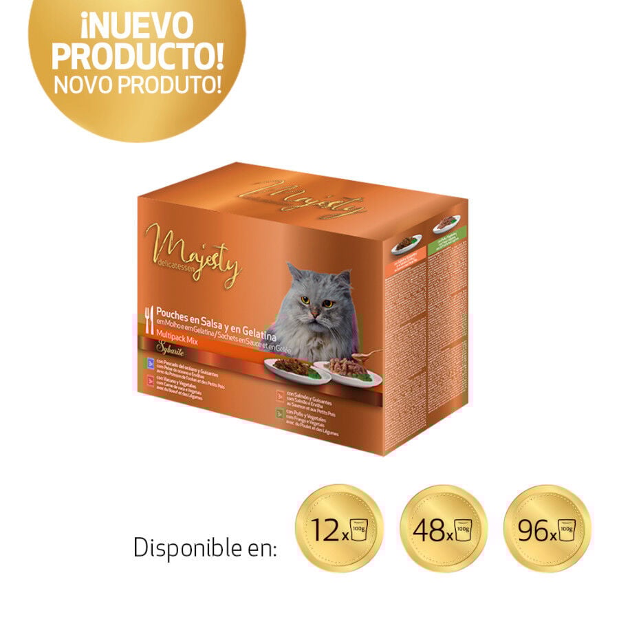 96 sobres x 100 g Majesty Multipack Sobres Gelatina y Salsa Mix Pescado y Carne para gatos, , large Imagen numero 2