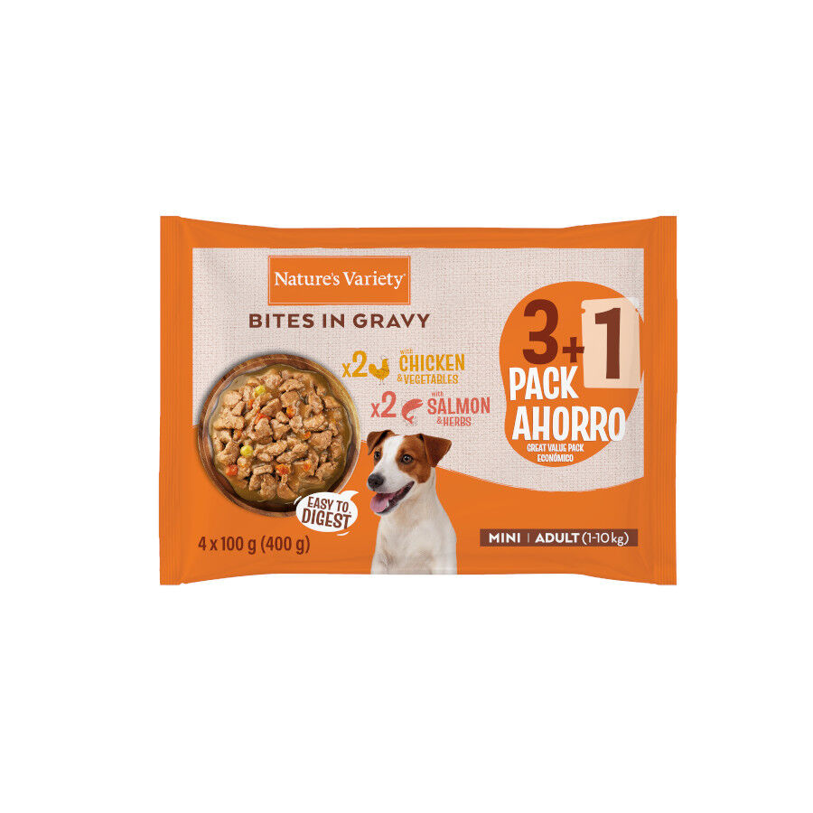 4 x 100 gr Nature's Variety Bocaditos Pollo y Salm&oacute;n Sobre en Salsa para perros adultos mini, , large Imagen numero 1