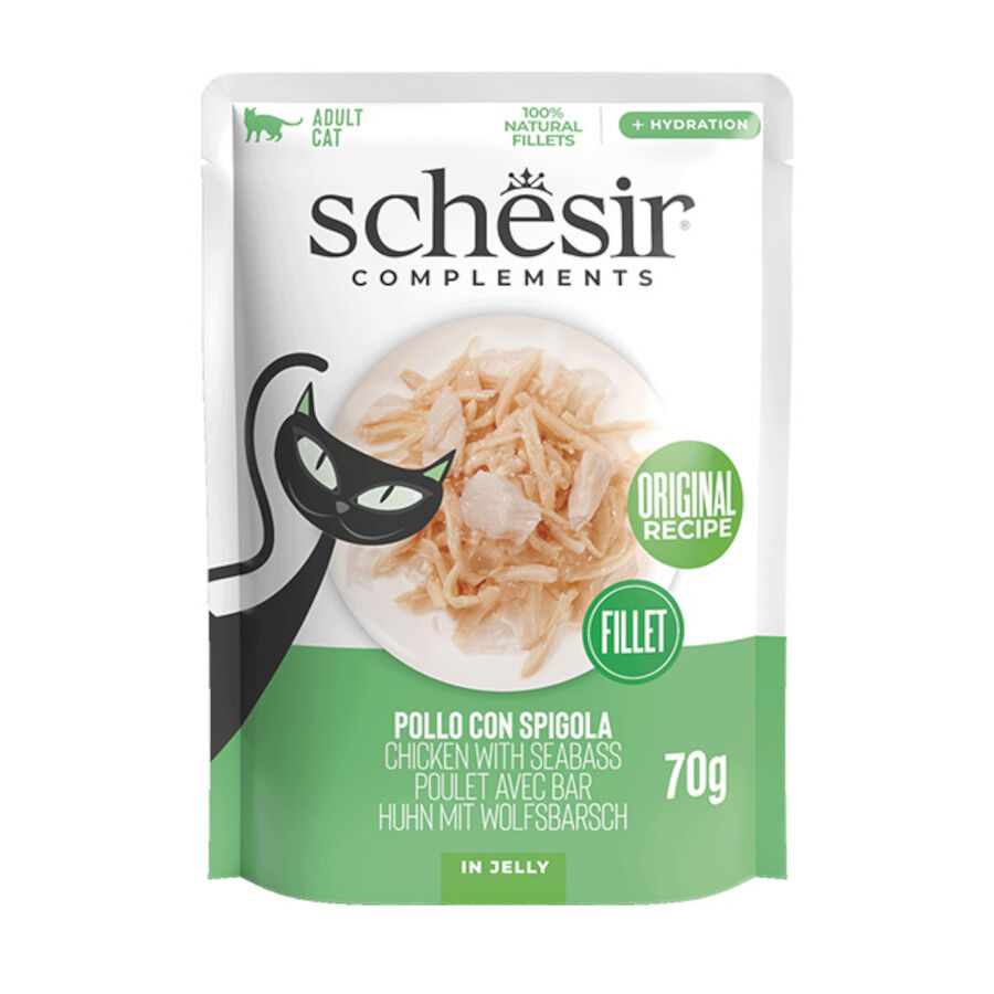 Schesir Filetes de Pollo con Lubina en Gelatina sobre para gatos