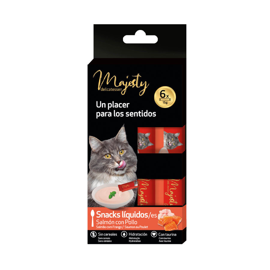 6 sobres x 15 g Majesty Salm&oacute;n con Pollo snack l&iacute;quido para gatos, , large Imagen numero 2