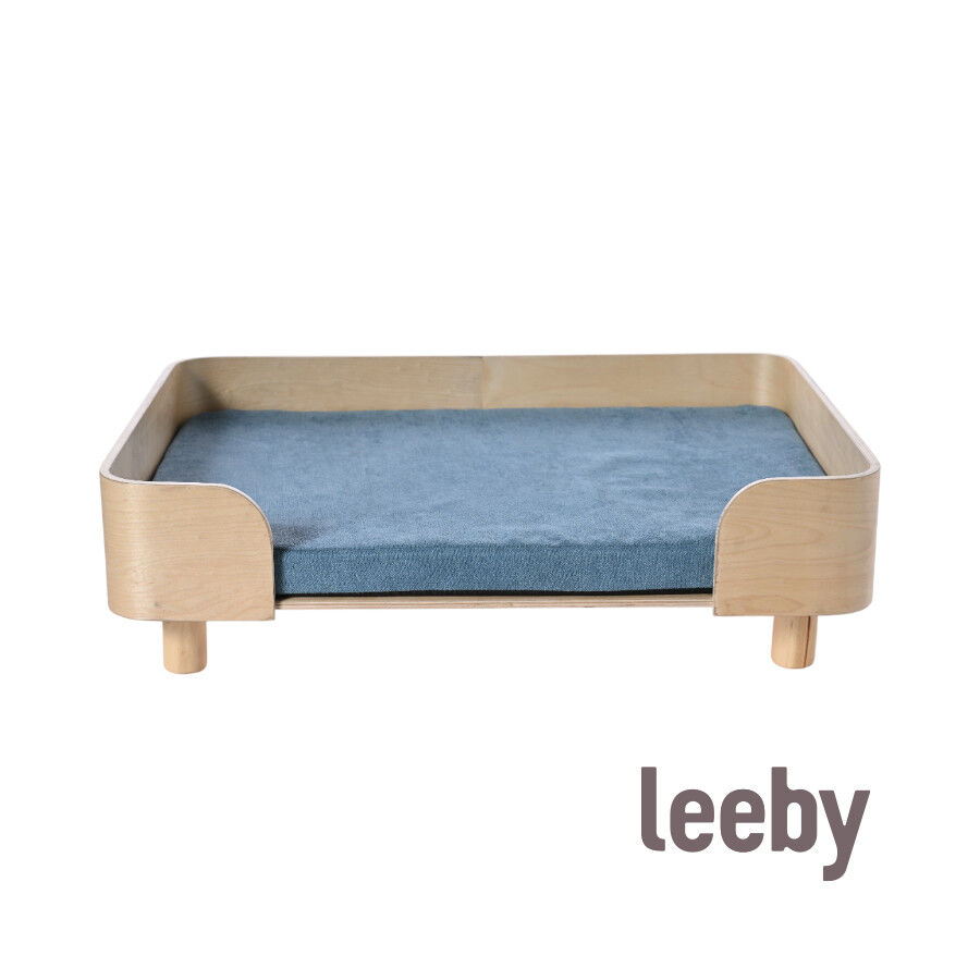 Leeby sofá de madera con colchón azul para perros thumbnail